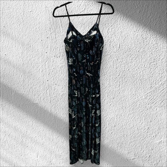 FRESHA London Crushed Velvet Maxi Slip Dress Cranes Small Whimsigoth Y2K Print - Picture 2 of 12